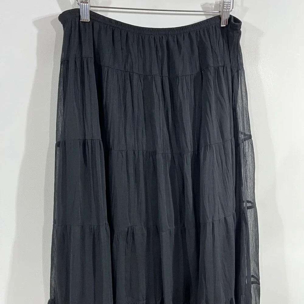 Rafael VTG 90s Fairy Grunge Black Tiered Maxi Skirt Embroidery Boho Womens Large